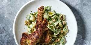 Crumbed lamb cutlets with pasta,green chilli and chickpea salad.