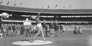 Gold medal form is displayed at Melbourne by Czechoslovakia’s Olga Fikotova,winner of the women’s discus event at the 1956 Olympics. 