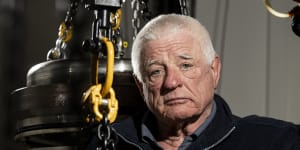 Ron Allum with parts of his Test Pressure Vessel,in which he checked every part of the submarine he designed for James Cameron to view the Titanic.