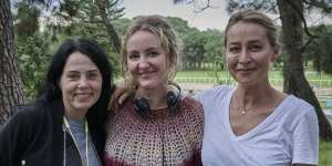 Matterson with (from left) writer Sarah Scheller and actor Asher Keddie on the set of Strife.