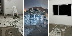 The Australian man’s apartment (left and right) in Gaza after the building next door (centre) was bombed.