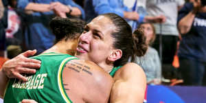 Australian Opals Liz Cambage and Marianna Tolo celebrate qualifying for Tokyo.