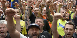 Union supporters outside court in 2015 when John Setka and deputy Shaun Reardon were facing court on blackmail charges,which were later dropped.