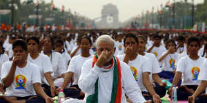 Prime Minister Narendra Modi leads a yoga session to mark the International Day of Yoga,in New Delhi in 2015.