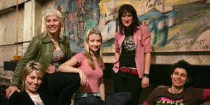 Ella Hooper,second from left,on the inaugural BROAD tour in 2006,alongside,from left,Melinda Schneider,Kate Miller-Heidke,Mia Dyson and Deborah Conway.