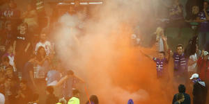 Wild scenes from disgruntled Perth Glory fans in wake of salary cap breach as Sydney FC thrash home side