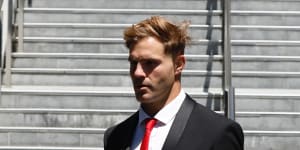 NRL player Jack de Belin,who is facing trial over sexual assault offences,leaves Wollongong Courthouse on November 3.