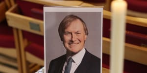A portrait of English MP David Amess ahead of his funeral. He was stabbed to death during a constituency meeting. 