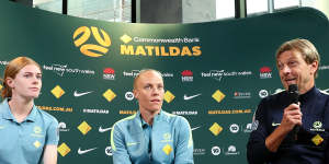 Cortnee Vine,Tameka Yallop and coach Tony Gustavsson face the media on Thursday.