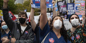 Nurses and midwives marched on Macquarie Street on Thursday morning.