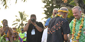 Prime Minister Anthony Albanese shows his moves at a welcome ceremony at the Pacific Islands Forum in the Cook Islands in November.