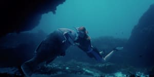 Ilsa Fogg as Abby has an up-close encounter with Blueback the groper in a scene from the film. 