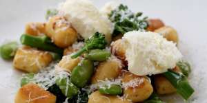 Choux pastry gnocchi with broad beans,broccolini and creamy squacquerone cheese.