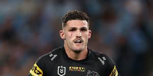 Nathan Cleary leaves the field after injuring his shoulder.