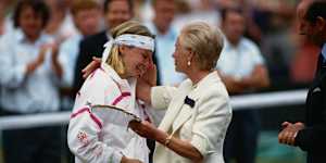 Czech tennis player Jana Novotna is comforted by the Duchess of Kent at Wimbledon in 1993.