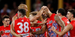 Lance Franklin and the Swans celebrate.
