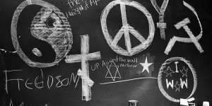 Graffiti on a Columbia University blackboard after an anti-war sit-in at the school in New York in 1968.