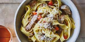 Pappardelle with white pork ragu,sage and lemon.