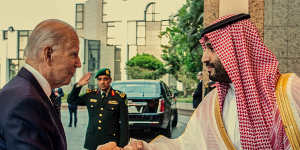 US President Joe Biden and MBS bump fists in Jeddah in July 2022.