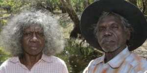 May Nango and Mark Djandjomerr at the Magela Creek,downstream from the Ranger uranium mine in Kakadu National Park.