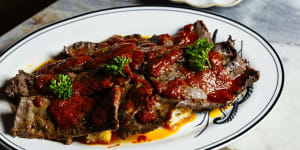Go-to dish:Iskender - shaved lamb backstrap with capsicum sauce,pide bits and yoghurt.