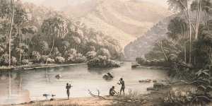 Aboriginal life near Upper Mitta Mitta,with Bogong Ranges in the background,in the mid-1800s,as depicted by the lithographer George Appleton.