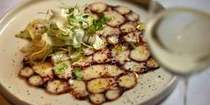 Carpaccio of octopus with sweet pickled fennel and spices.