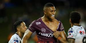 Samuela Fainu in action for Manly against the Tigers this season.