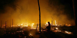 Firefighters work to put out a blaze in the Amazon forest during a drought and high temperatures in Amazonas state,Brazil,last year.
