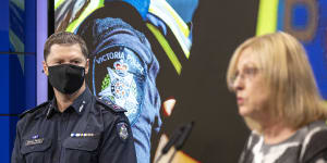 Chief Commissioner Shane Patton and Police Minister Lisa Neville speaking to media on Thursday.