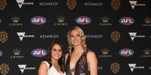 Harris and partner Sarah Dargan at the 2019 Brownlow awards. On her future in the AFLW competition,she says:“The second I don’t want to be there,I won’t be. I don’t think you should do something that doesn’t make you happy.” 