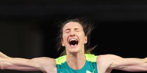 Nicola Olyslagers celebrates after her last-jump victory in the high jump at the world indoor championships in Glasgow.