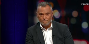Stan Grant makes a speech after stepping down as host of Q&A on Monday.