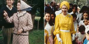 A colour-coordinated Queen:Elizabeth ll at Balmoral in 1972 and in Mexico wearing a turban in 1975.