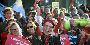 State school teachers protest outside the office of Education Minister Ben Carroll in Niddrie last month.