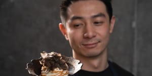 Koi Dessert Bar owner-chef Reynold Poernomo with his truffle and tonka bean caramel soft serve at Monkey’s Corner,Chippendale.
