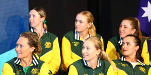 Team Australia Daria Saville,Arina Rodionova,Storm Hunter,Ellen Perez,Taylah Preston and Captain Sam Stosur during the Official Draw at Howard Smith Wharves ahead of the Billie Jean King Cup tie between Australia and Mexico at Pat Rafter Arena on April 11,2024 in Brisbane,Australia. 