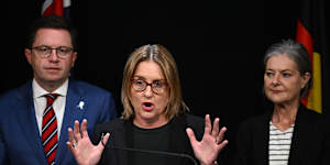 Police Minister Anthony Carbines,Premier Jacinta Allan and Attorney-General Sonya Kilkenny announce changes to Victoria’s bail laws.