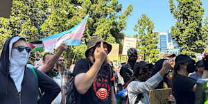 Leftist counter-protesters at the March for Australia in Brisbane.
