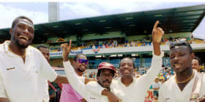 Curtly Ambrose and the West Indies celebrate their 1992-93 series win in Australia.