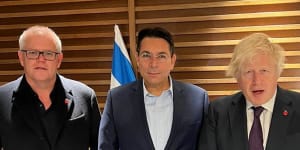 Former Australian prime minister Scott Morrison and former UK prime minister Boris Johnson meet the chairman of World Likud Danny Denon after arriving in Israel on Sunday. 