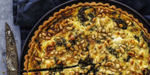 Spring quiche:Spinach tart with pine nuts,herbs and three cheeses.