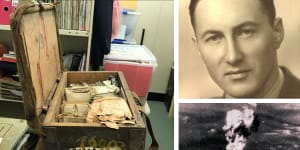 Clockwise:A Japanese artillery box containing archives material from David Harvey-Sutton,and smoke billows from the Hiroshima atomic blast on August 6,1945.