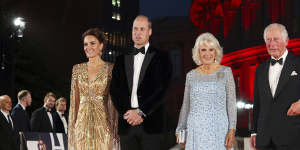 From left,Kate,the Duchess of Cambridge,Prince William,Camilla,the Duchess of Cornwall,and Prince Charles,on the red carpet for the premiere of the James Bond film No Time to Die. 