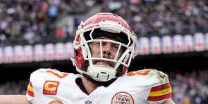Travis Kelce celebrates a touchdown against the Baltimore Ravens during the AFC championship game. 