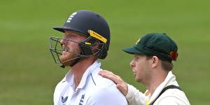 Ben Stokes is consoled by Australian star Steve Smith.