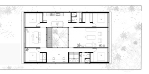 The layout of the top floor of Shed House,where the rooms face a large courtyard,and the bedrooms are located in the corners. 