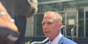 Former Nationals MP James Hayward speaks to media outside Perth District Court on Friday.