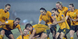 The Matildas celebrate after winning the final of the 2010 AFC Asian Cup,played in Chengdu in China against North Korea.