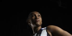 Sabrina Frederick models Collingwood’s pride guernsey.